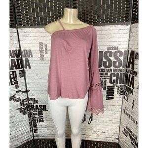 Lapis L Mauve Elastic Neckline One Shoulder Applique Trim Long Bell Sleeve Top